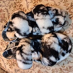 UGG Black and White Fluffy Marble Slippers